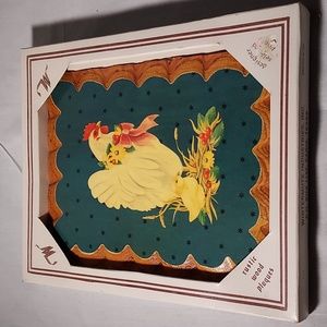 Vintage 1980s Hen and Chick Rustic Wood Plaque in Original Box